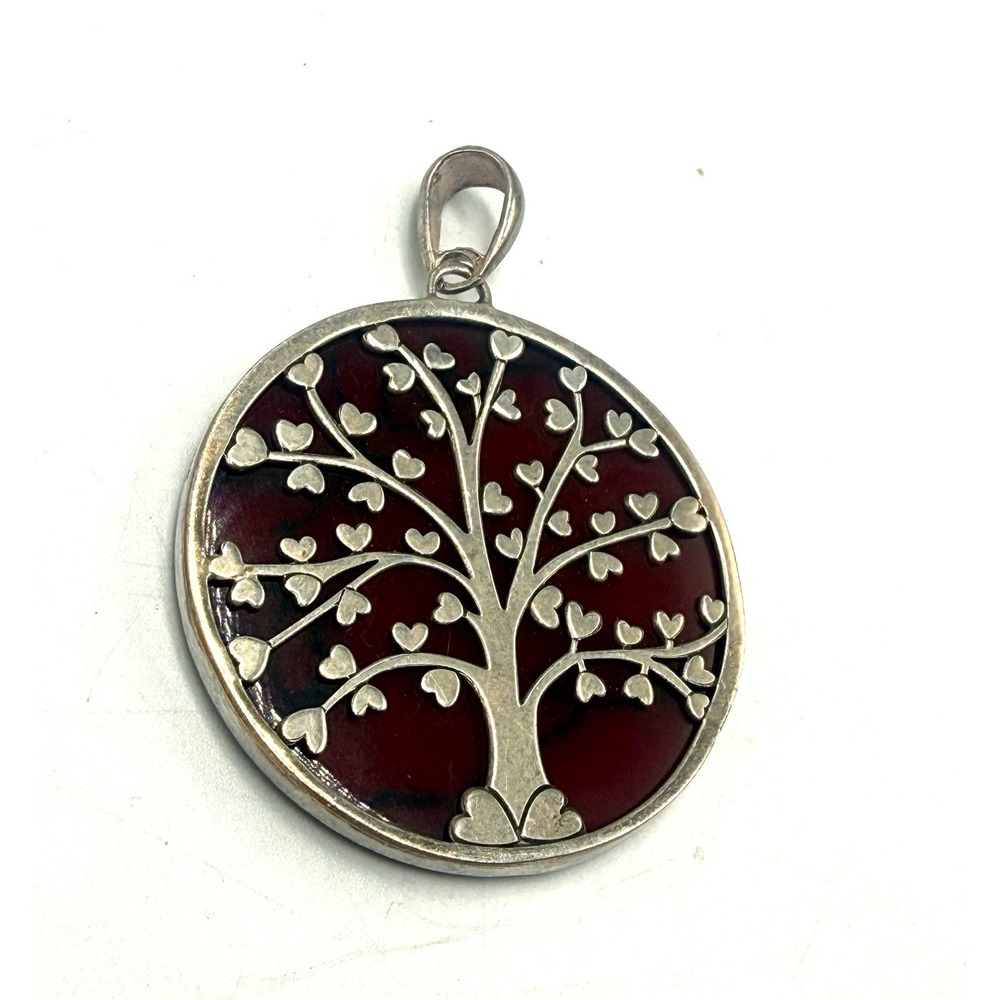 ATI Mexico 925 Sterling Silver Tree of Life Heart Leaves Red Stone Pendant